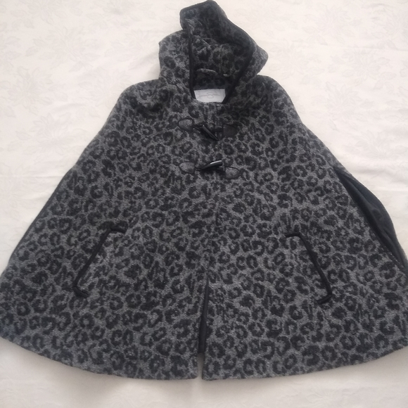 Wool blend leopard print hooded cape poncho
